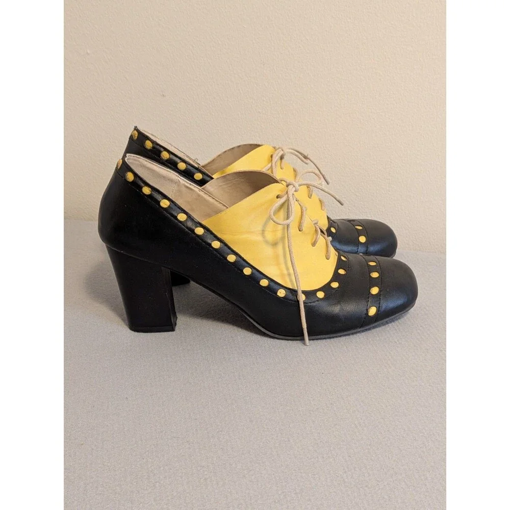 Vintage Style Black Yellow Oxford Brogue Pumps Artsy Spectator Heels EU 43